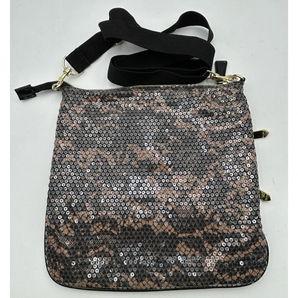 Betsey Johnson‎ Camo Sequin Crossbody Bag Double Zipper Black & Brown NWOT